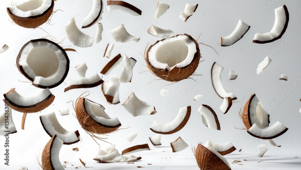 Poster falling coconut, set against a white background, with full depth of field and a clipping path.