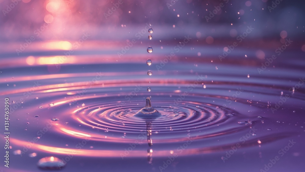 Poster a serene scene showcasing ripples on a water surface, illuminated in surreal purple and pink hues re
