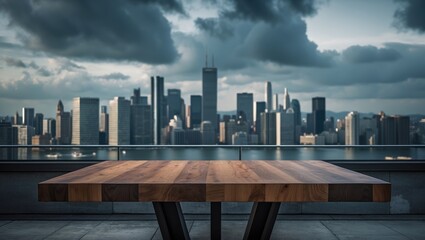 Obraz premium Mockup of a hardwood tabletop featuring a stunning skyline in the background.