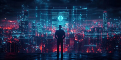 Fototapeta premium Digital dystopia cyberleadership dilemmas and power struggles in a dark city