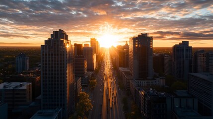 Fototapeta premium aerial view of city business district at sunrise with morning commuters