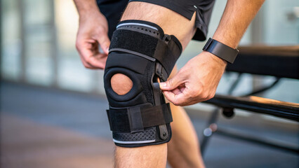 person adjusting knee brace for support and stability during rehabilitation. brace is designed to provide comfort and protection while engaging in physical activities
