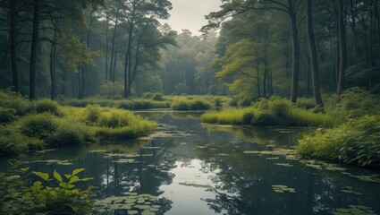 Beautiful scene of a pond surrounded by a forest.