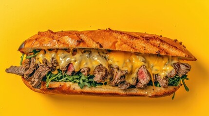 Delicious steak sandwich urban deli food photography bright yellow background close-up culinary delight
