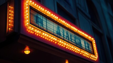 Illuminated marquee sign displays the name on the building facade