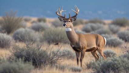 Majestic mule deer buck standing in the thick desert brush.