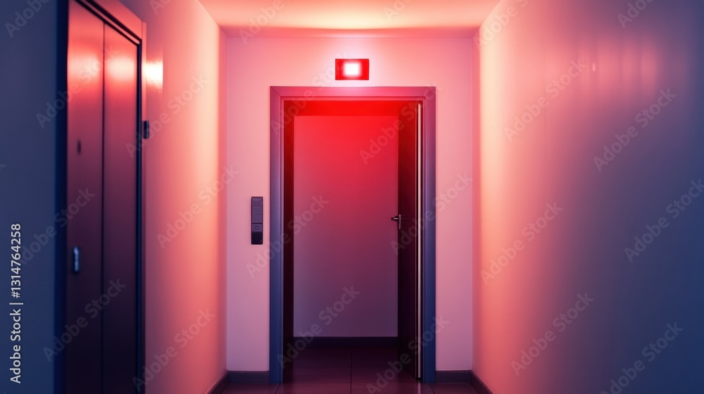Aufkleber urgent security alert indicated by flashing red light in a dimly lit hallway with an open door