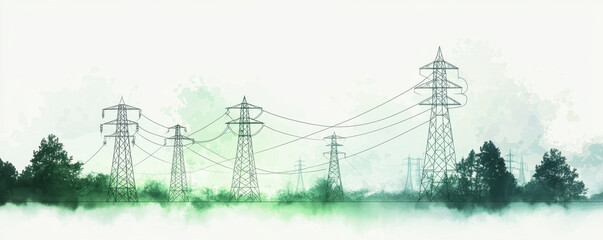 Power lines and towers in watercolor landscape with green energy theme