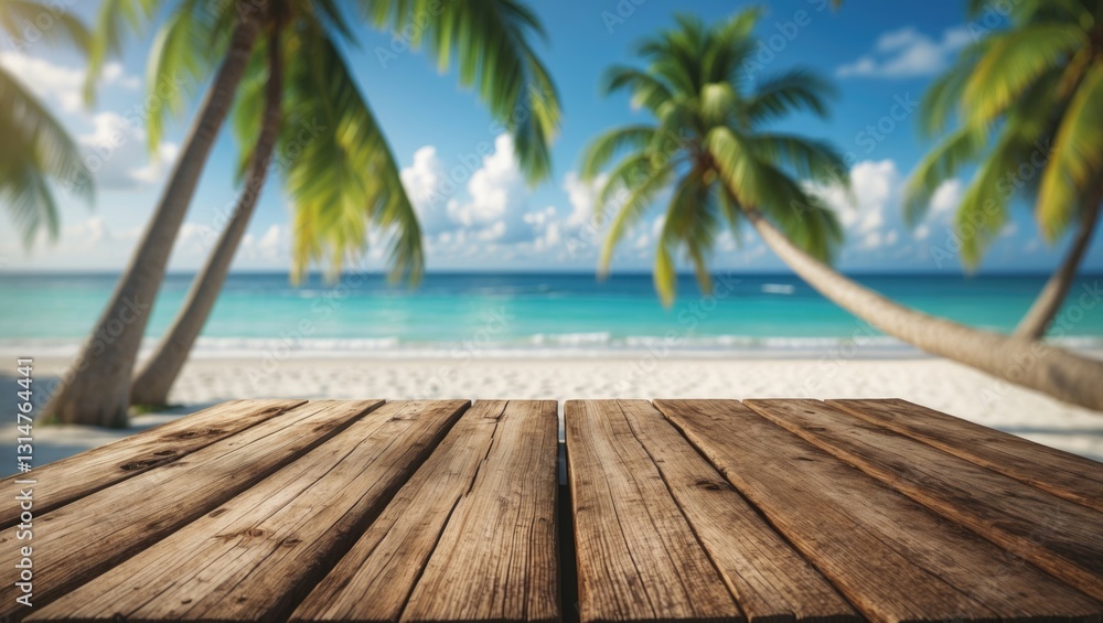 Aufkleber empty wooden table with a blurred beach and coconut trees in the background.