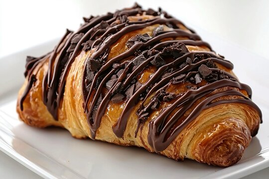 Croissant dorato e fragrante, arricchito con una generosa decorazione di cioccolato fuso e scaglie di cioccolato sulla superficie, servito su un piatto bianco