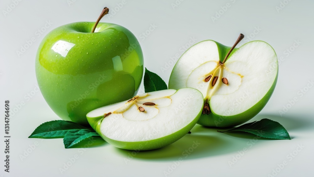 Poster flat lay of fresh green apple fruit with halved and sliced pieces isolated on a background.