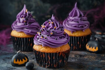 Tre cupcake con crema viola, adornati con gocce di cioccolato