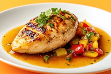 Grilled chicken breast served on a bed of sauce with vegetables