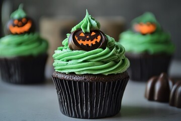 Cupcake di Halloween con glassa verde e facce di zucca decorate su ogni dolcetto.