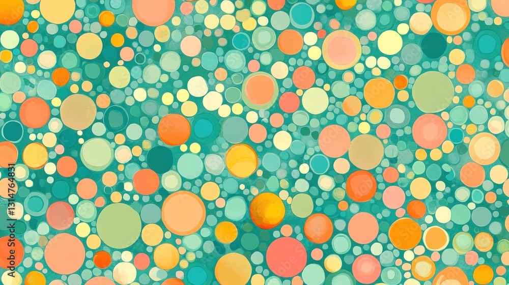 Poster abstract teal background with colorful circles of varying sizes and opacity.