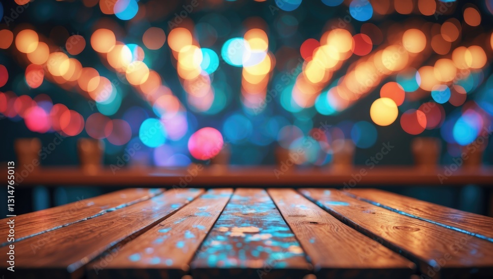 Aufkleber Empty wood table surface with abstract background featuring blurred light bokeh.