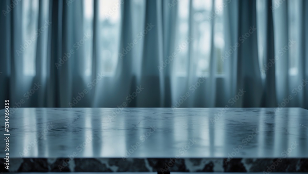 Poster Empty marble table surface with a blurred curtain backdrop in the window.