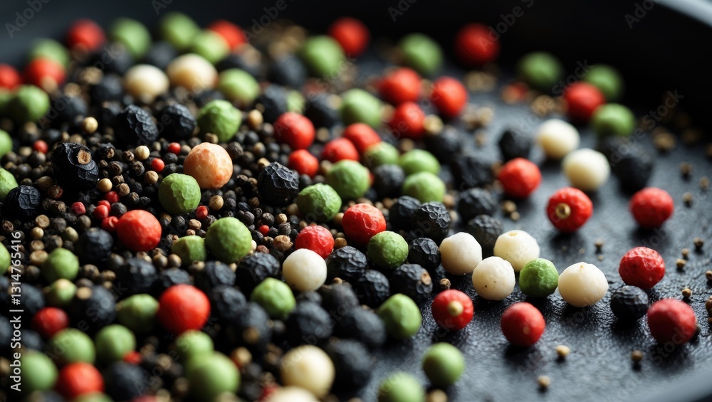 Poster colorful fragrant pepper seeds tumble and bounce within a pan. aromatic homegrown spices and herbs a