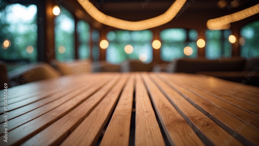 Poster Wooden table top that is empty, with bokeh lights in a blurred background.