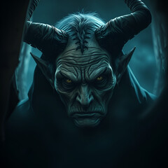 Obraz premium An eerie character with aged features, prominent horns, and a piercing gaze looms in the shadows, enveloped in a mysterious, ancient and dark atmosphere.
