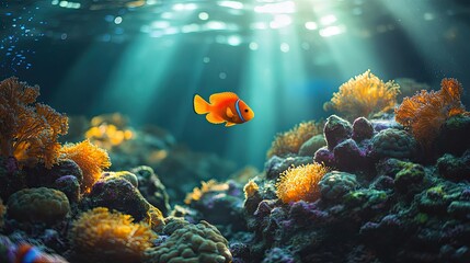 Naklejka premium Underwater scene depicting a vibrant coral reef with colorful corals and marine life.