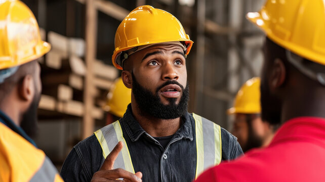safety officer in yellow hard hat explains emergency procedures to workers