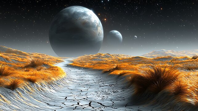Alien Planet Landscape - Dry Riverbed - Night Sky - Digital Art - SciFi Background
