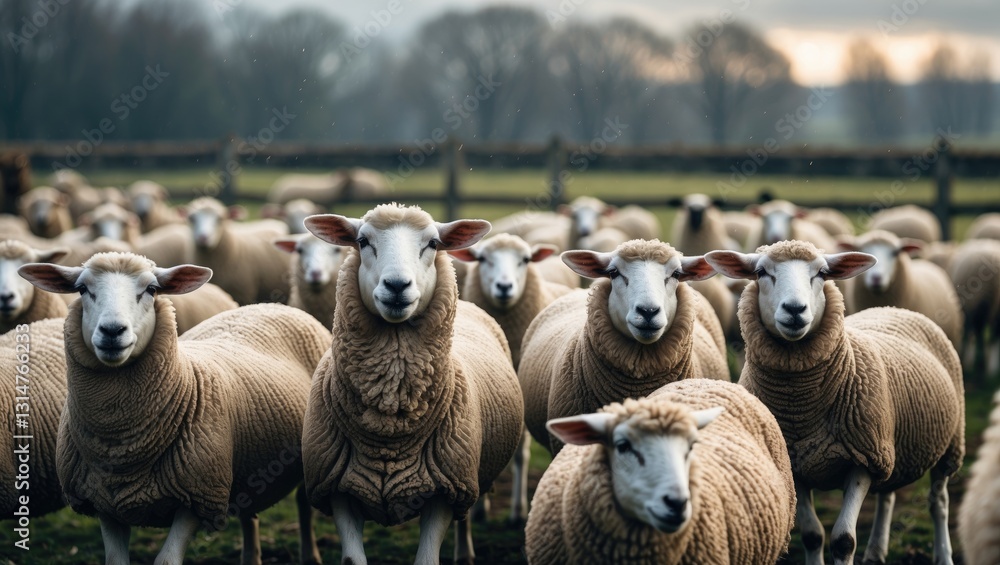 Poster flock of sheep gazing at the camera on a winter day in the pasture. lamb and ewe farm.