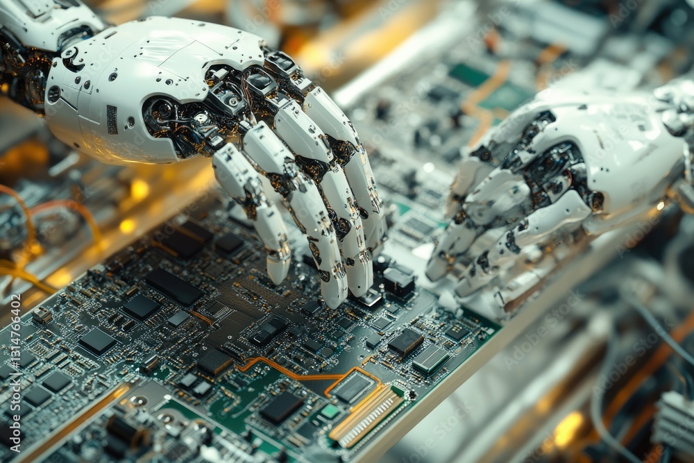 Aufkleber robotic hands meticulously assemble a circuit board, showcasing advanced automation in technological