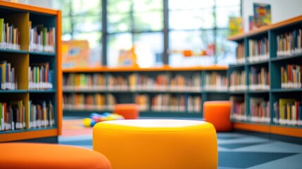Modern library interior with colorful seating and bookshelves.
