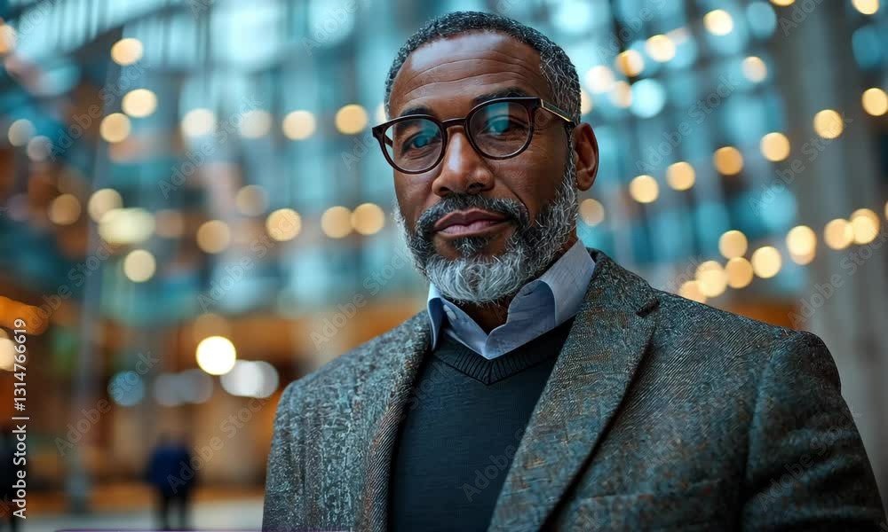 Poster professional man with glasses using a tablet in a modern urban setting with blurred lights in backgr