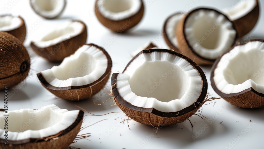 Poster falling coconut, isolated against a white background, with full depth of field and selective focus.