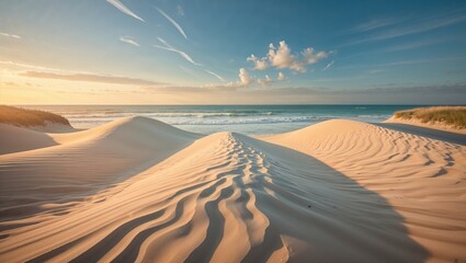 Serene beach landscape with gentle sand dunes and a tranquil ocean under a blue sky.