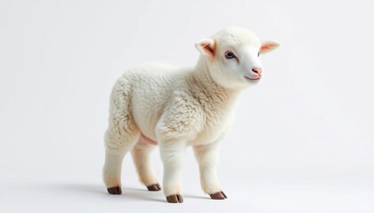 Fototapeta premium Adorable fluffy lamb, standing alone against a pure white backdrop, nature, spring lamb