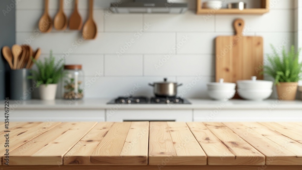 Poster empty wooden table surface in front of a blurred kitchen room counter background.