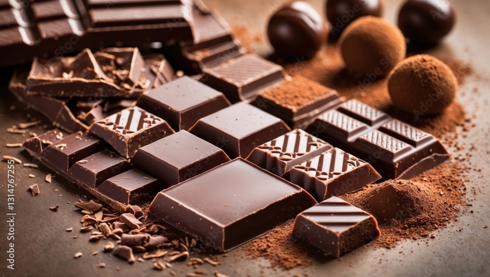 Poster composition of chocolate bars and pieces along with grated cocoa on a brown background viewed from a