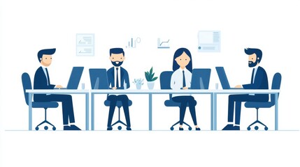 Busy office with multiple employees working on computers at desks