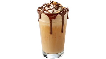 Iced coffee frappe topped with whipped cream, chocolate, and nuts on transparent background