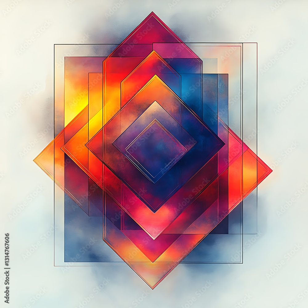 Poster geometric abstraction: multicolored squares with watercolor texture