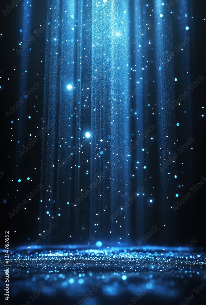 Poster ethereal blue light rays shining down through dark space with sparkling particles creating a magical