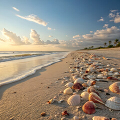 A serene beach with foamy waves, an abundance of colorful seashells on the sand, and lush palm trees under a bright blue sky with fluffy clouds.
