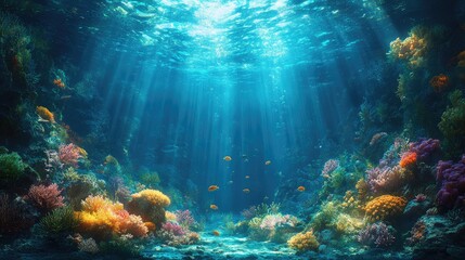 Naklejka premium Underwater scene depicting a vibrant coral reef with colorful corals and marine life.