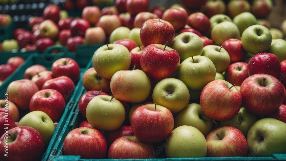 Aufkleber Pile of apples at the market. A multitude of red and green apples in the store. Background with ripe apples in the container. Variety. Top view. Flat lay. Selective focus.
