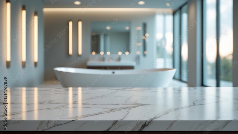 Poster empty marble tabletop with a blurred interior background for product presentation.