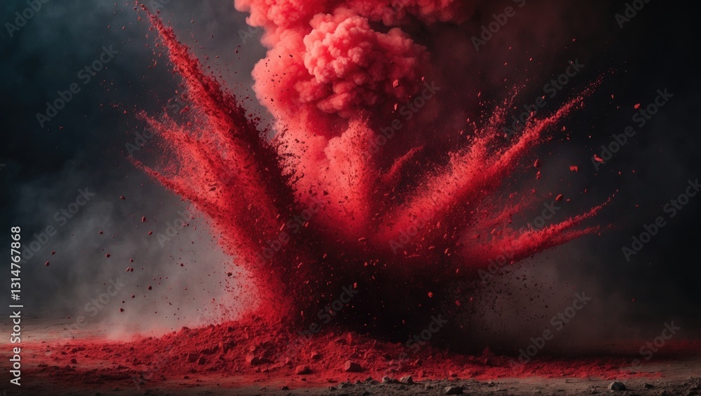 Aufkleber eruption of red particles against a dark background. A burst of color in the dust set against a dark backdrop.