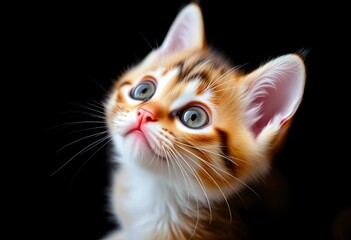 Adorable kitten with big eyes looking up, black background, expression, dark
