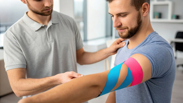 professional therapist applying kinesiology tape on patient arm, showcasing therapeutic technique for muscle support and injury recovery. atmosphere is calm and focused