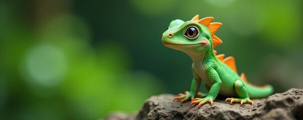 Obraz premium Adorable small dragon in sage green color sitting on a rock, scales, mythical, dragon