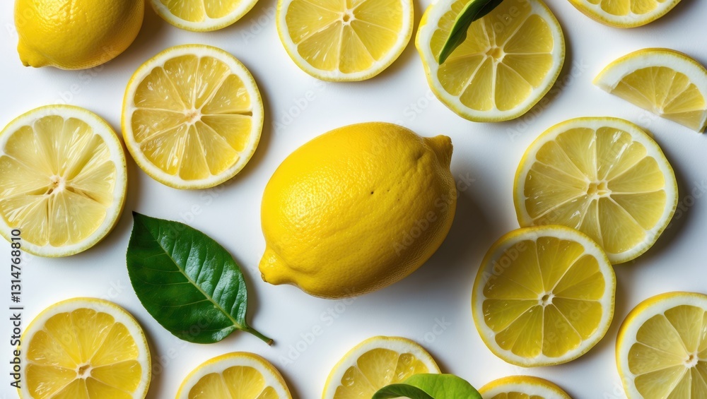 Poster a collection of sliced lemon isolated on a background. top view.
