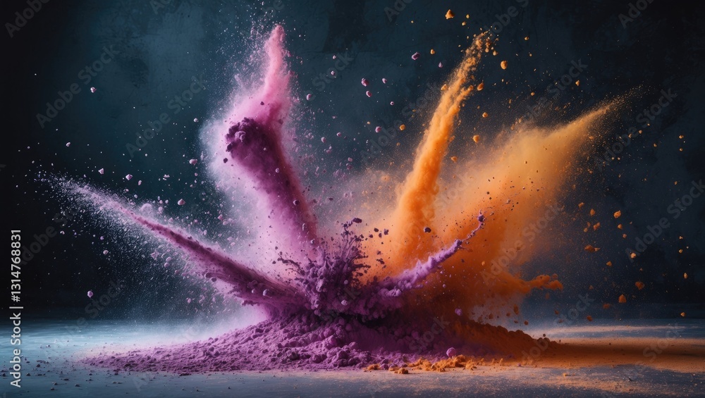 Aufkleber eruption of abstract color powder against a dark background. abstract splash of color powder in a fr